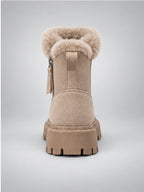 Women's Lug-Sole Ankle Boots – Fur Trim in Beige — back view