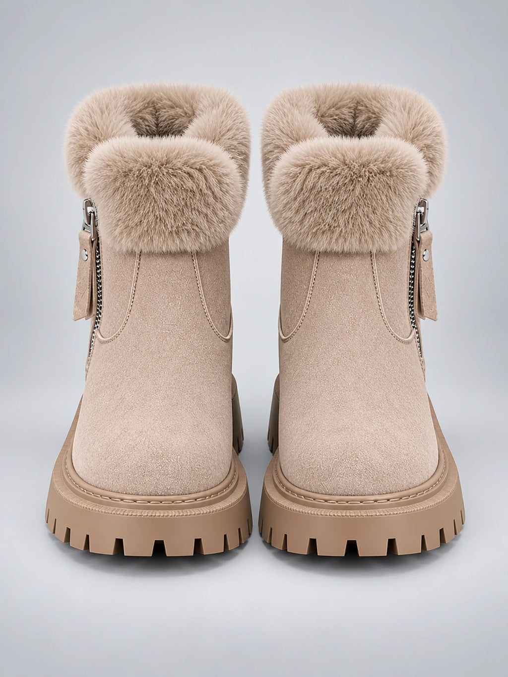 Women's Lug-Sole Ankle Boots – Fur Trim in Beige — front view