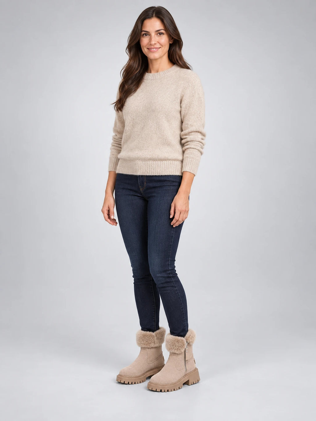 Women's Lug-Sole Ankle Boots – Fur Trim in Beige — on model