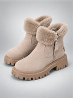 Women's Lug-Sole Ankle Boots – Fur Trim in Beige — side view