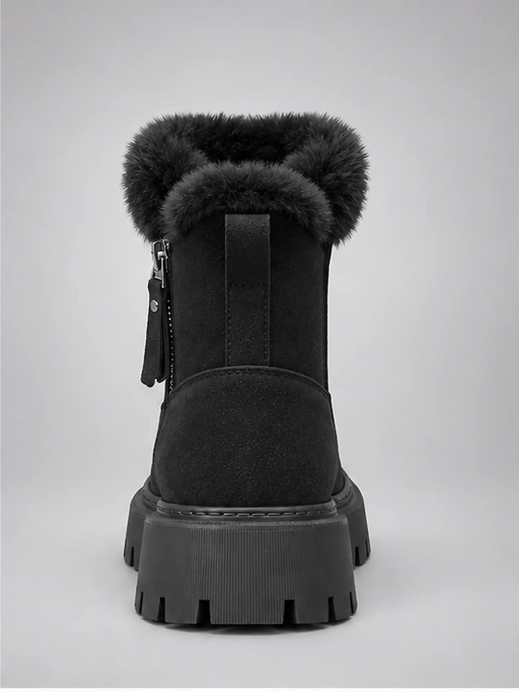 Women's Lug-Sole Ankle Boots – Fur Trim in Black — back view
