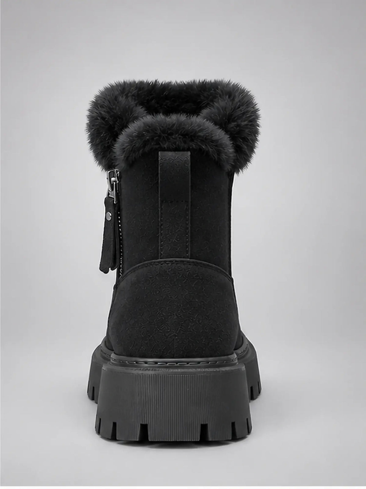 Women's Lug-Sole Ankle Boots – Fur Trim in Black — back view