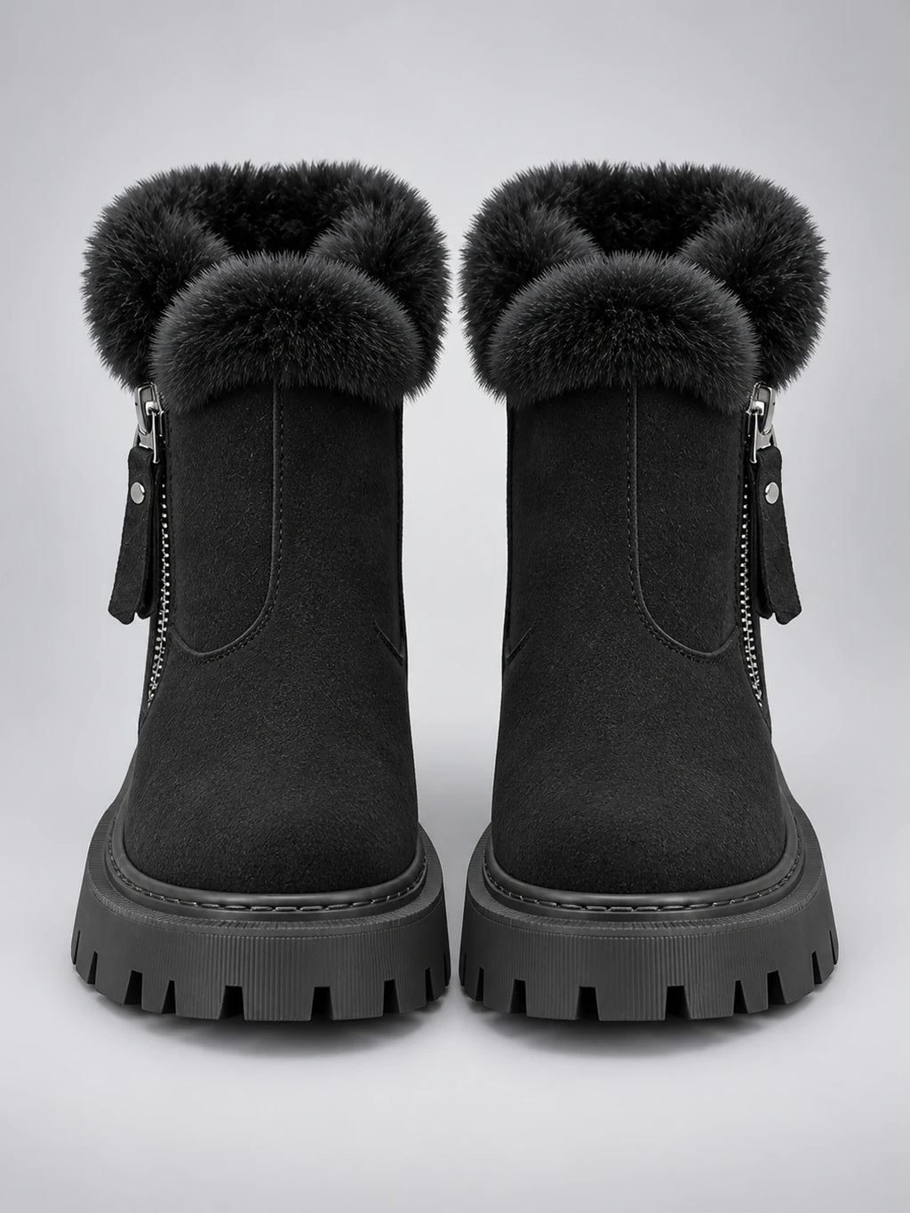 Women's Lug-Sole Ankle Boots – Fur Trim in Black — front view