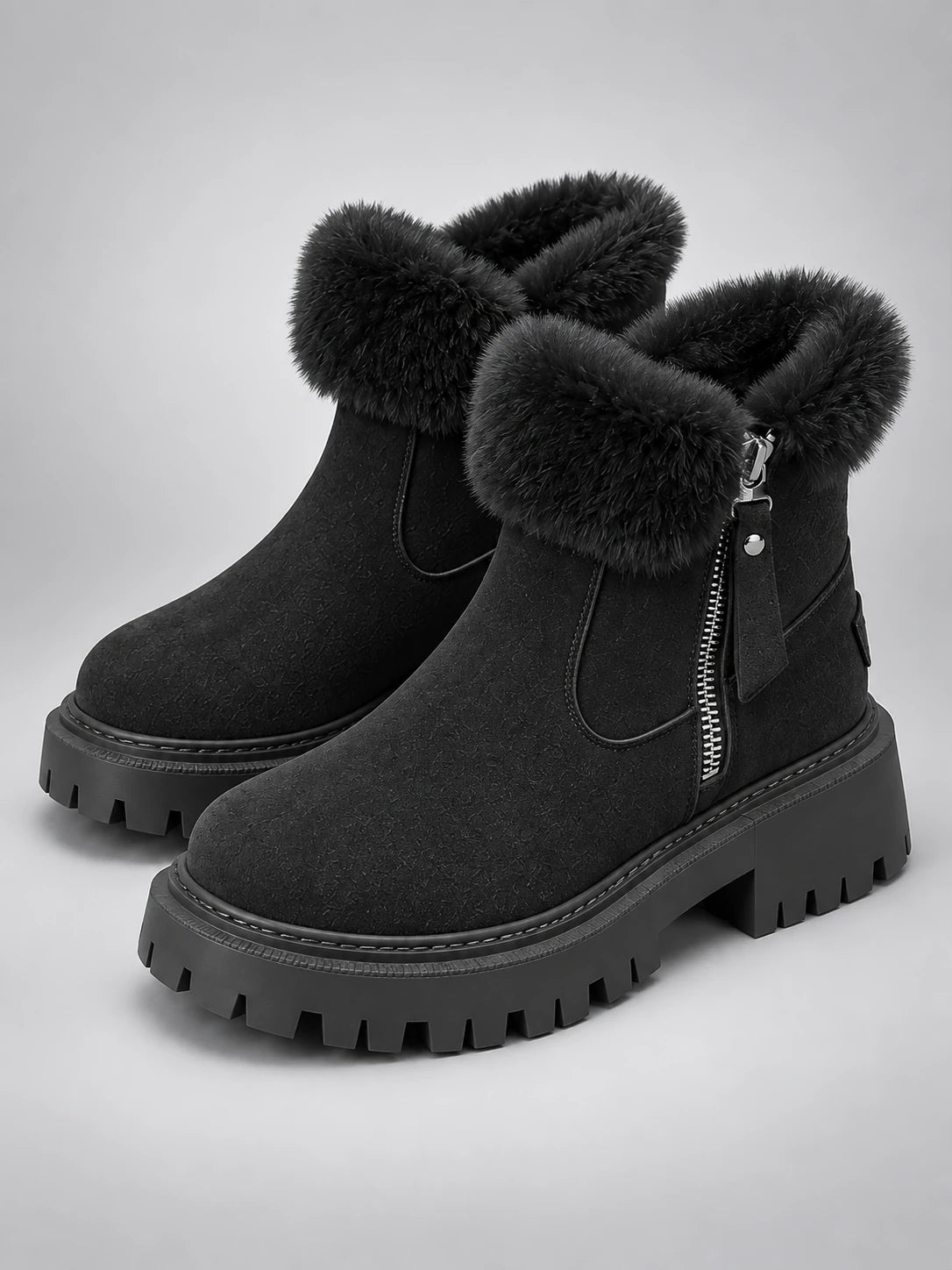Women's Lug-Sole Ankle Boots – Fur Trim in Black — side view