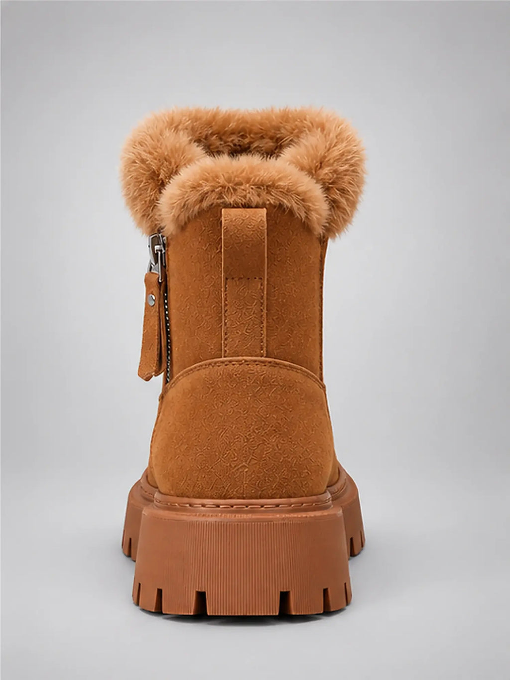 Women's Lug-Sole Ankle Boots – Fur Trim in Chestnut — back view
