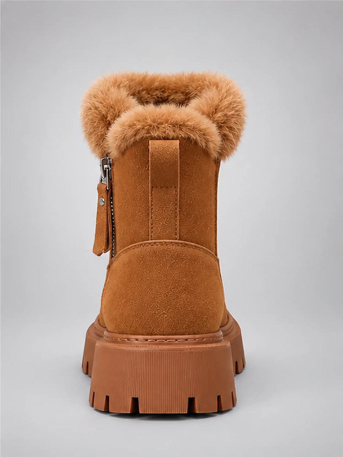 Women's Lug-Sole Ankle Boots – Fur Trim in Chestnut — back view