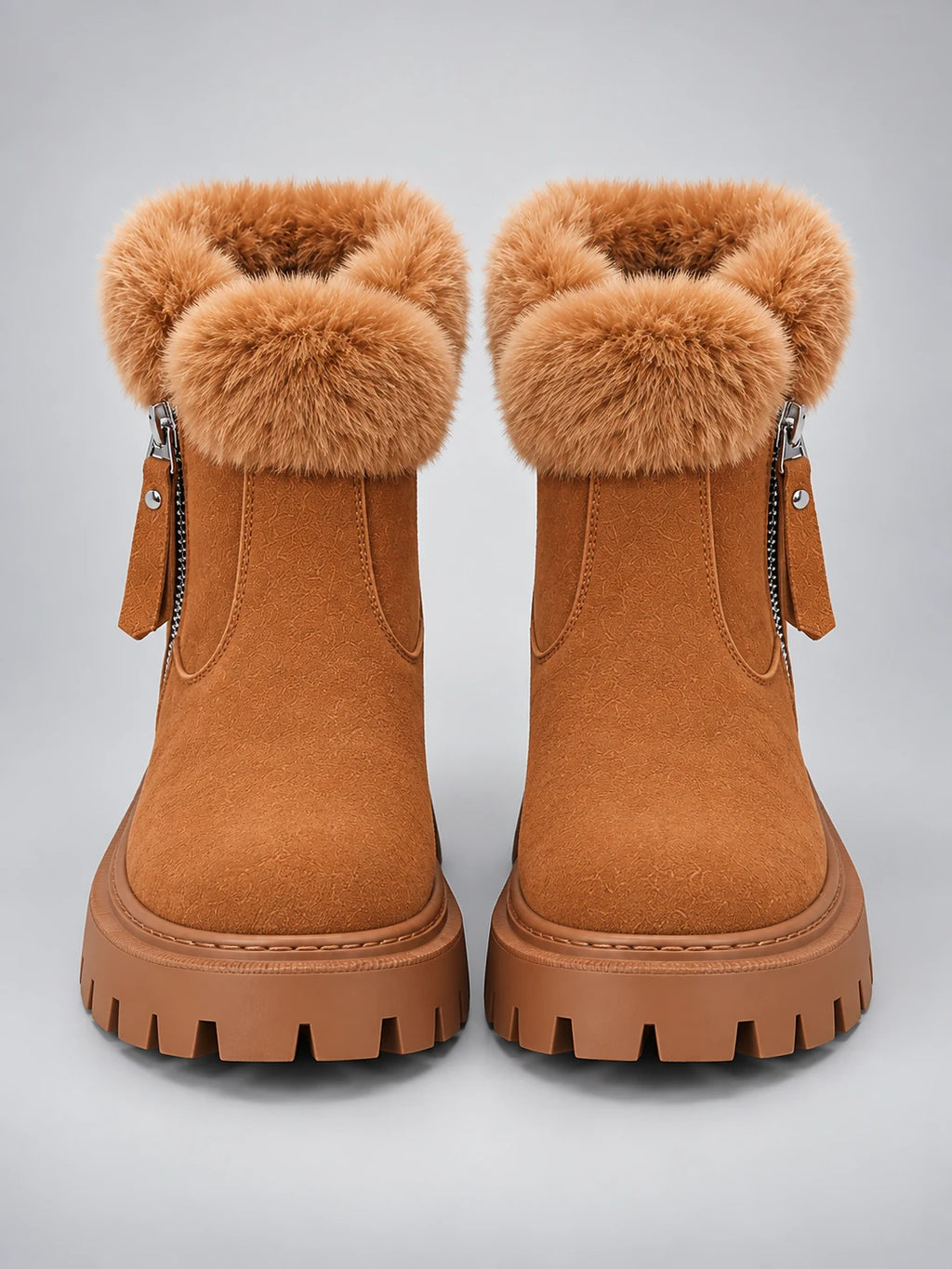 Women's Lug-Sole Ankle Boots – Fur Trim in Chestnut — front view