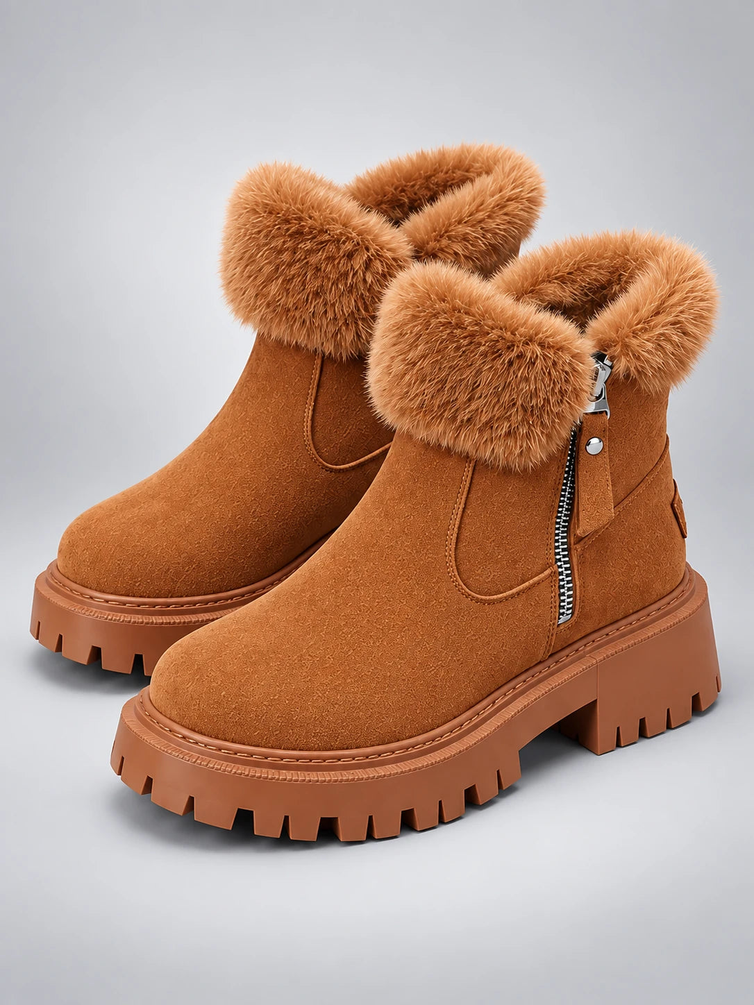 Women's Lug-Sole Ankle Boots – Fur Trim in Chestnut — side view
