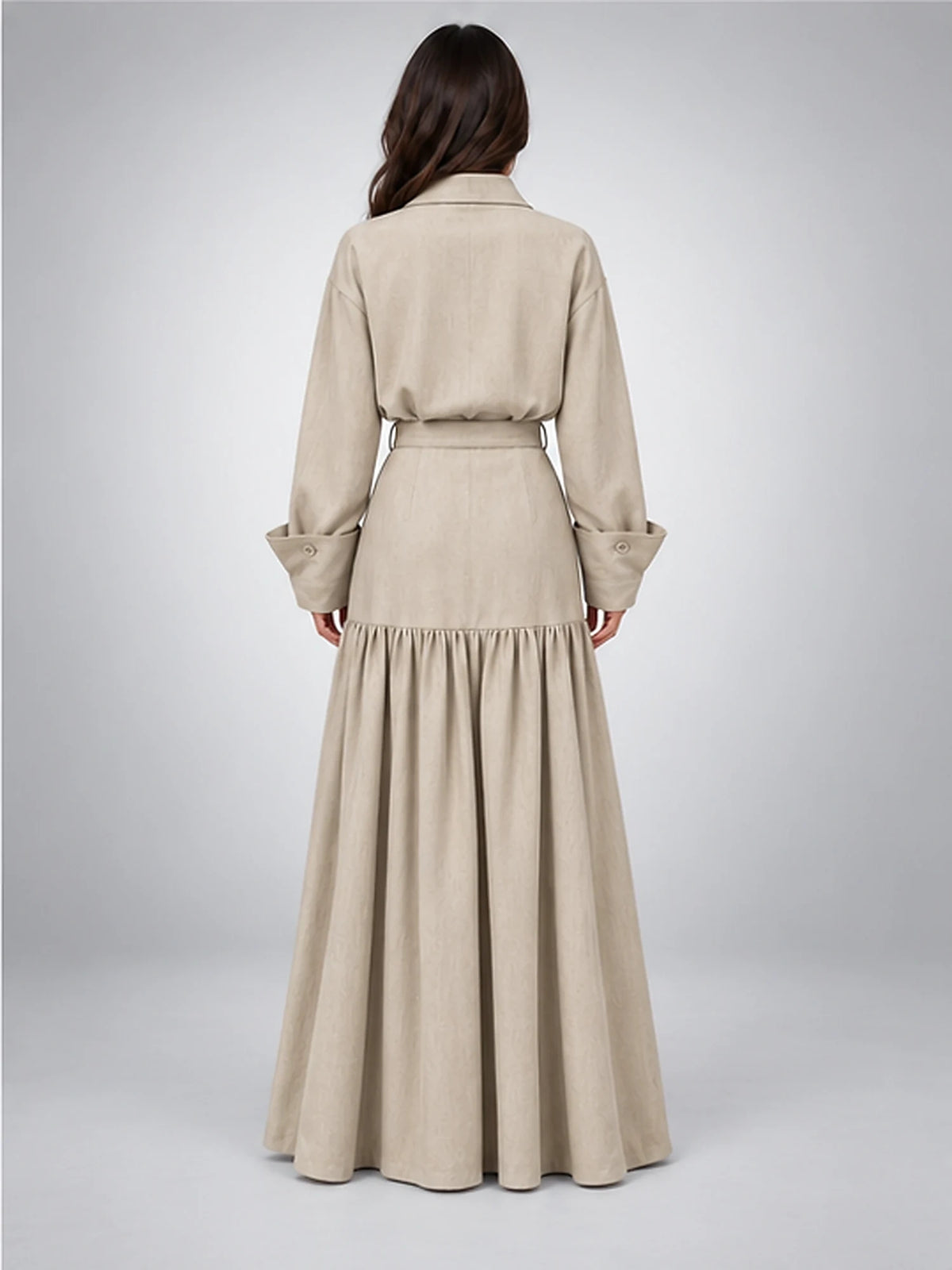 Women's Maxi Skirt Co-Ord – Belted Shirt Style in Beige — back view