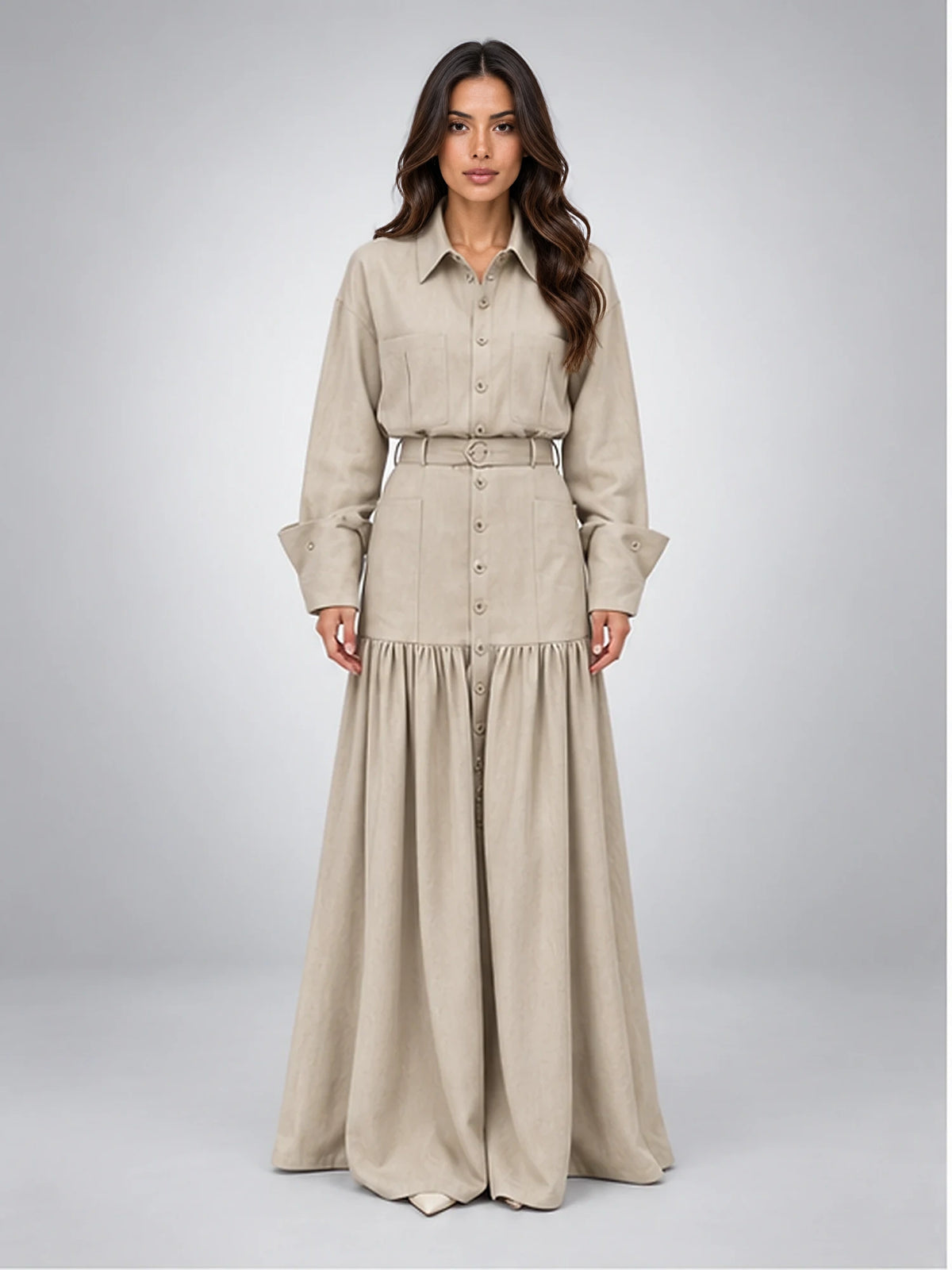 Women's Maxi Skirt Co-Ord – Belted Shirt Style in Beige — front view