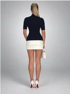 Women's Mock-Neck Mini Dress – Puff Sleeve in Navy/Ivory — back view