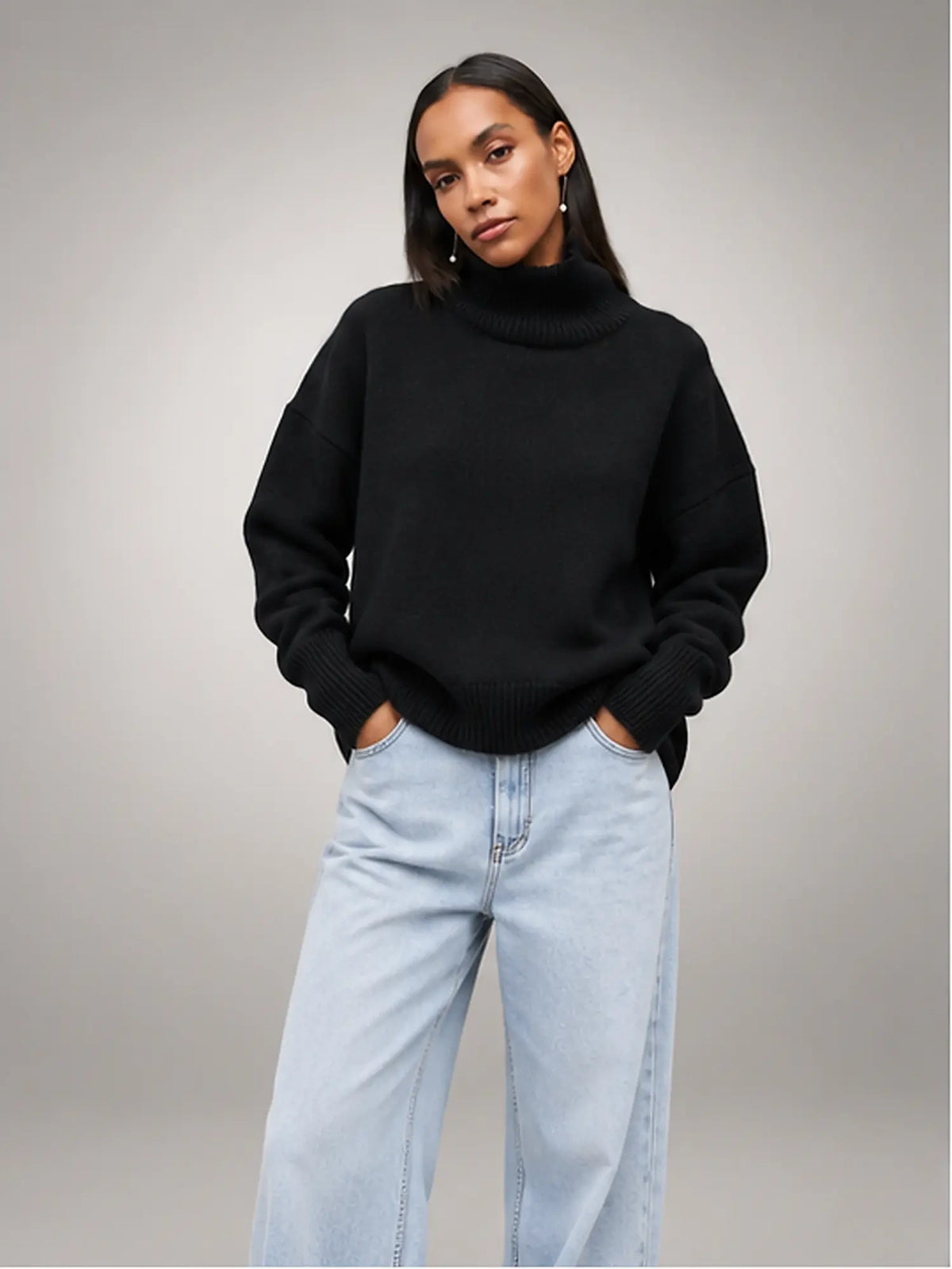 Women's Oversized Turtleneck Sweater – Relaxed Knit in Black — front view