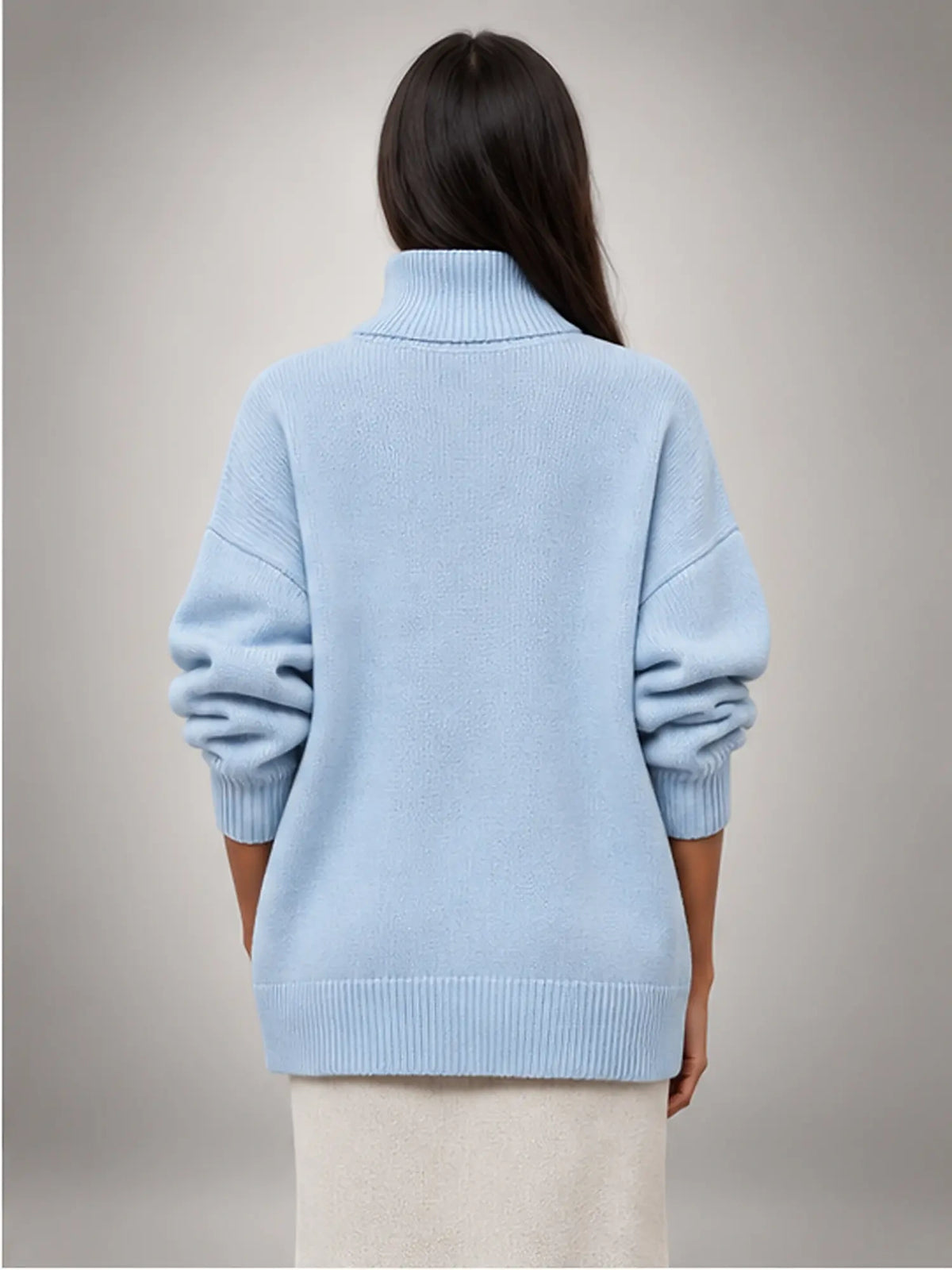 Women's Oversized Turtleneck Sweater – Relaxed Knit in Blue — back view