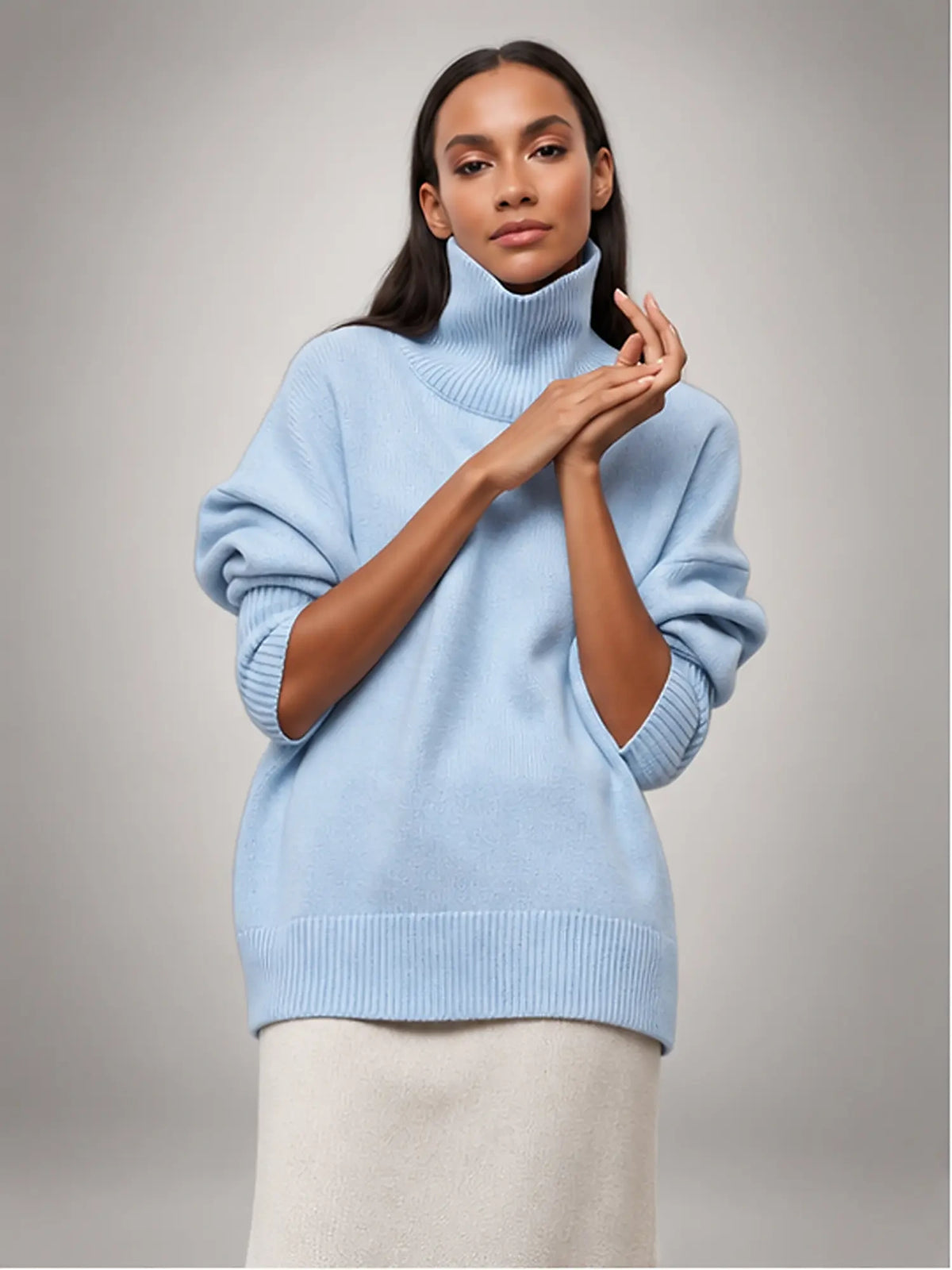 Women's Oversized Turtleneck Sweater – Relaxed Knit in Blue — front view