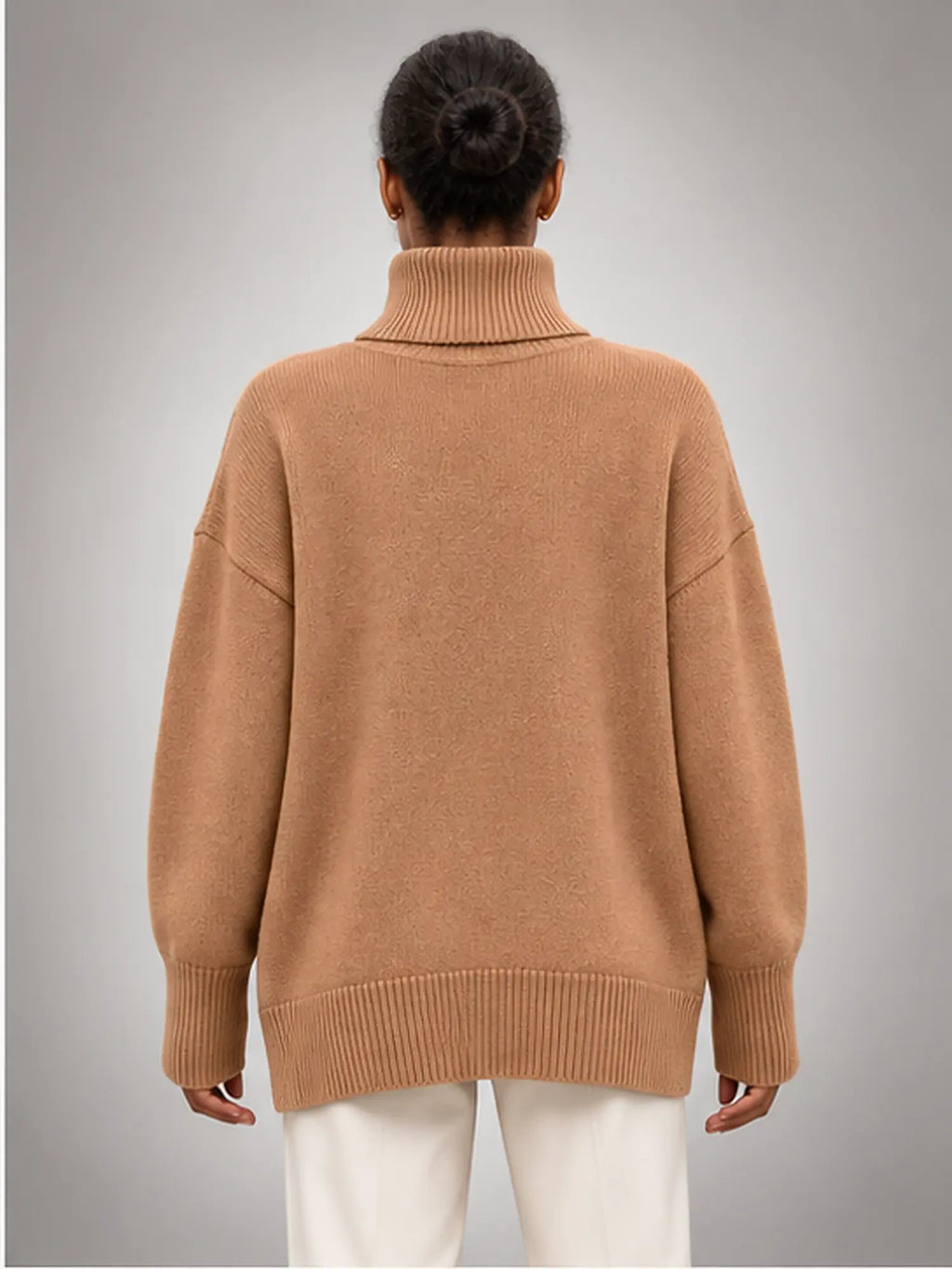 Women's Oversized Turtleneck Sweater – Relaxed Knit in Camel — back view