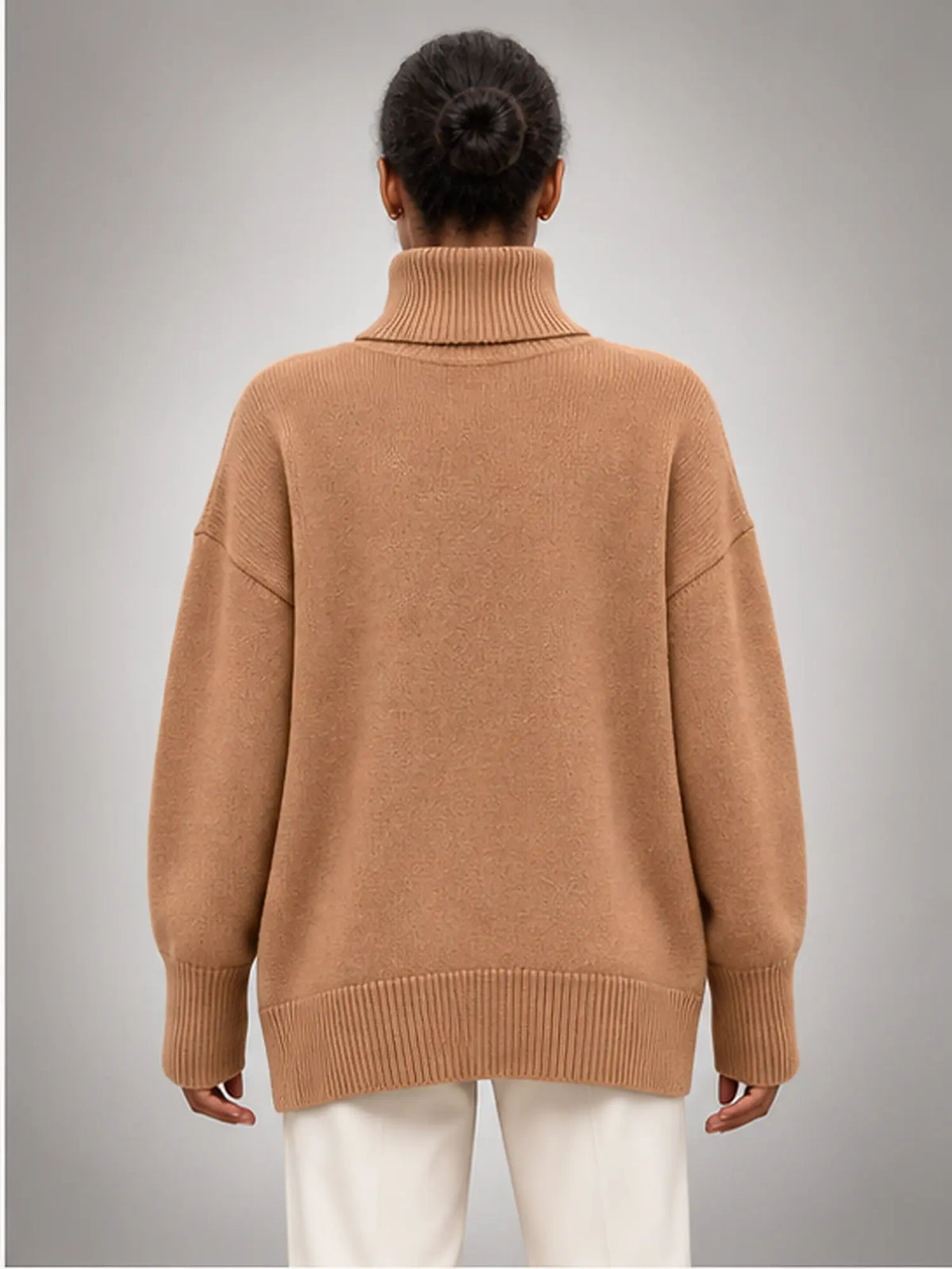 Women's Oversized Turtleneck Sweater – Relaxed Knit in Camel — back view