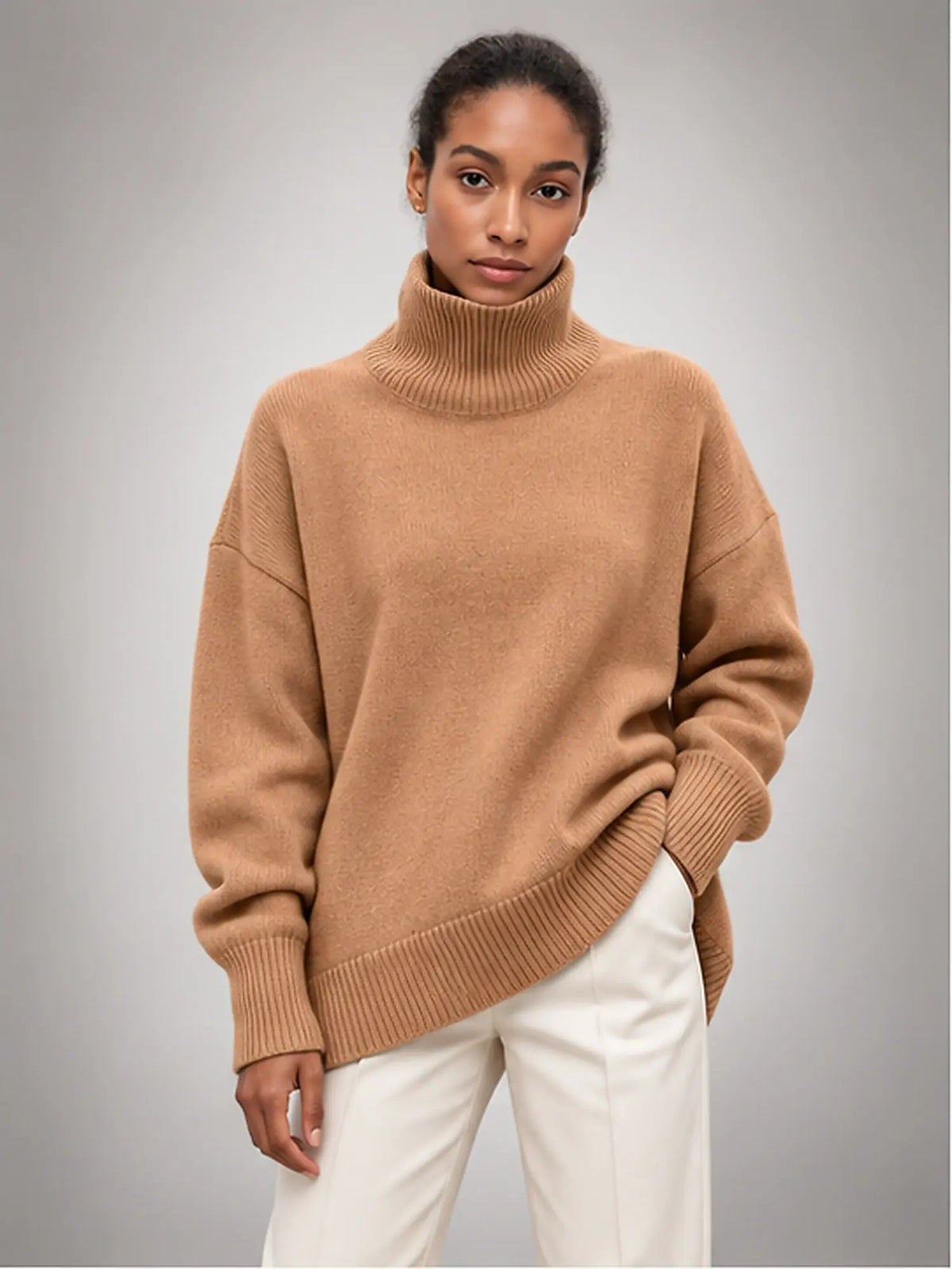 Women's Oversized Turtleneck Sweater – Relaxed Knit in Camel — front view