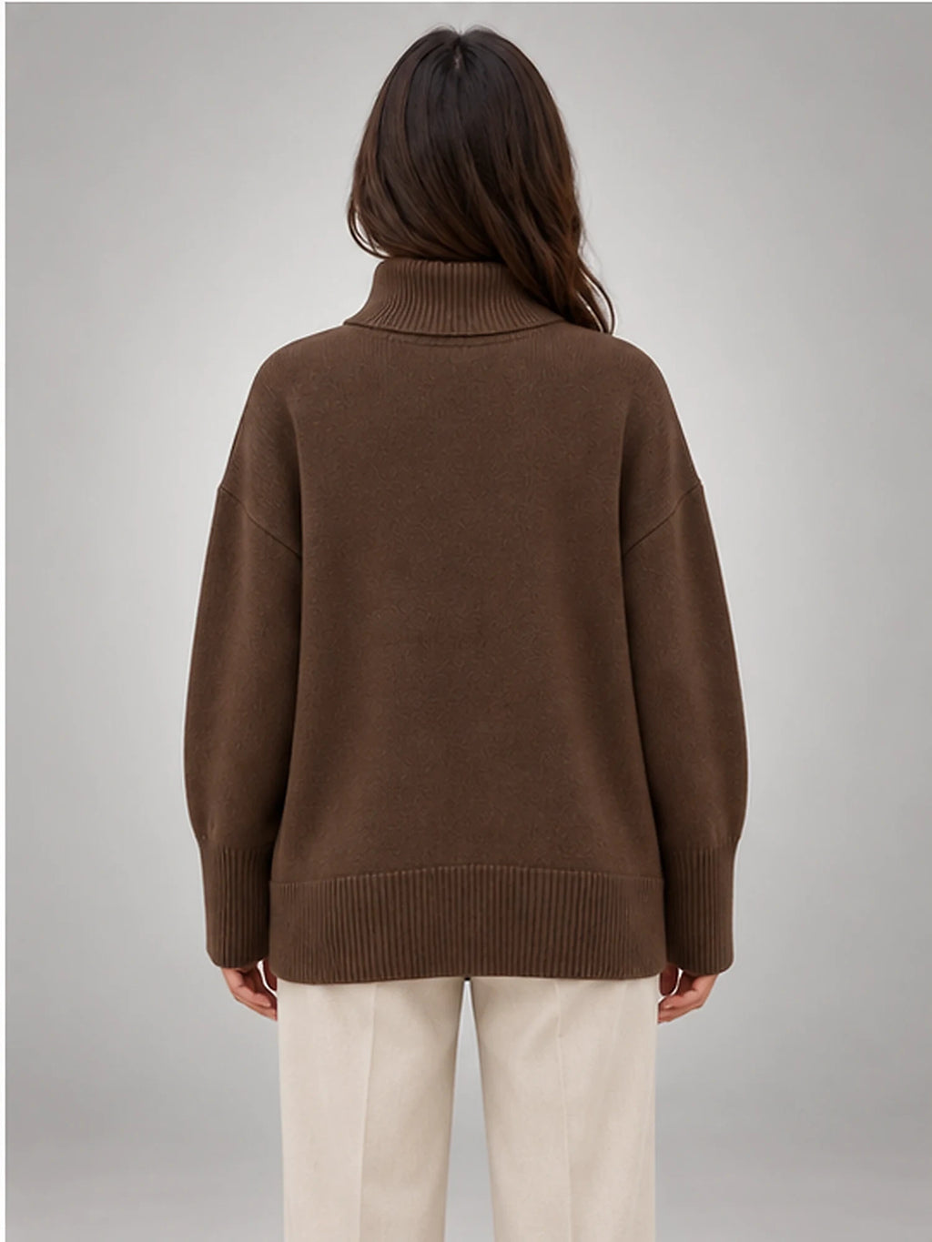 Women's Oversized Turtleneck Sweater – Relaxed Knit in Coffee — back view