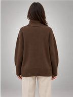 Women's Oversized Turtleneck Sweater – Relaxed Knit in Coffee — back view