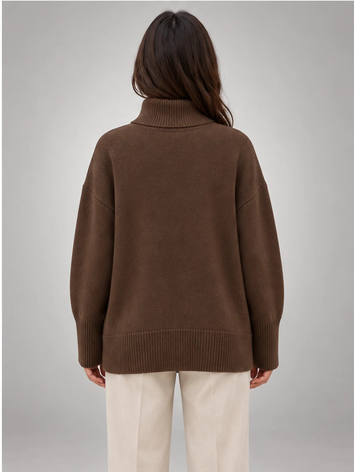 Women's Oversized Turtleneck Sweater – Relaxed Knit in Coffee — back view