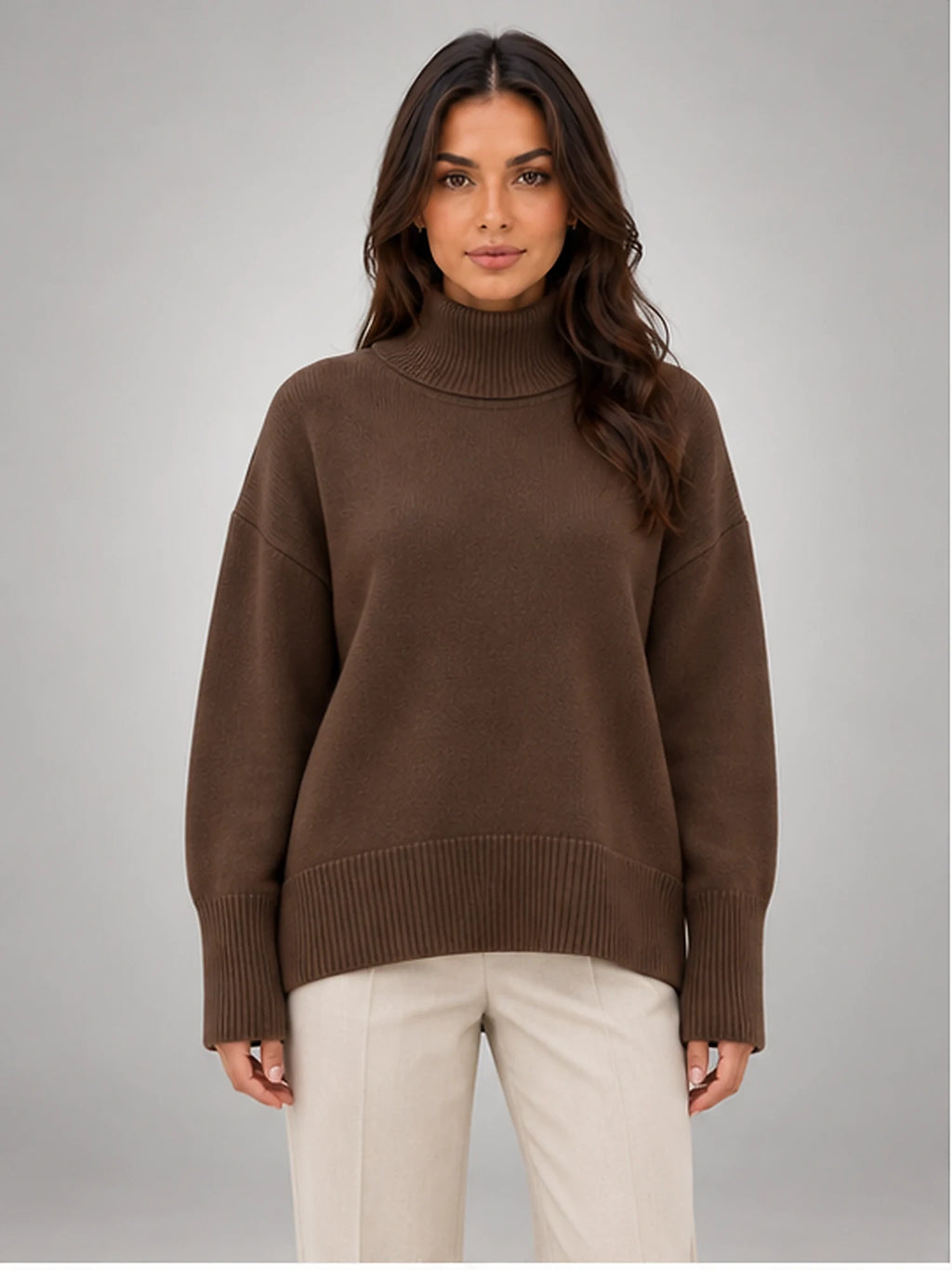 Women's Oversized Turtleneck Sweater – Relaxed Knit in Coffee — front view