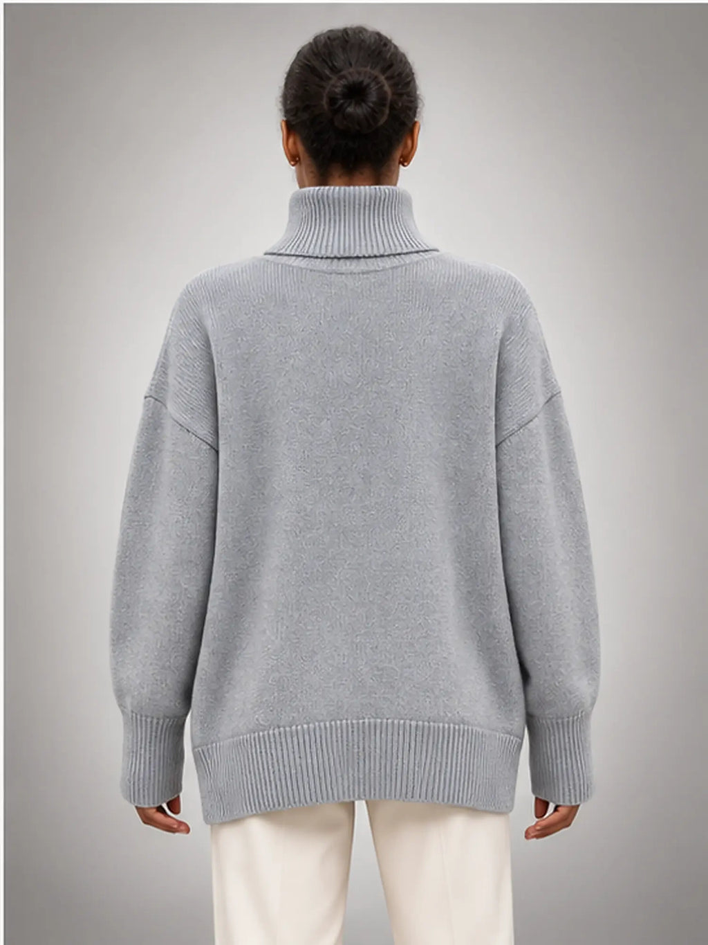 Women's Oversized Turtleneck Sweater – Relaxed Knit in Grey — back view