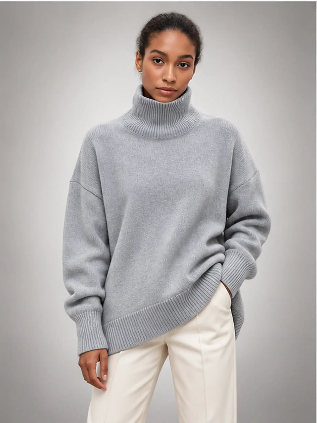 Women's Oversized Turtleneck Sweater – Relaxed Knit in Grey — front view