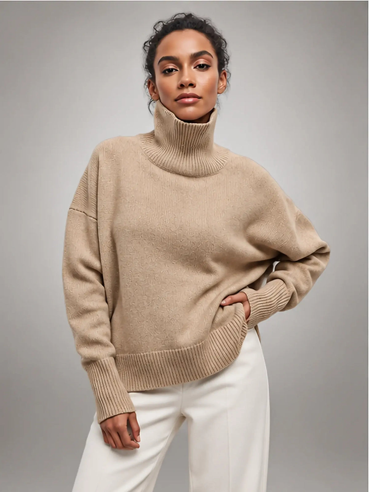 Women's Oversized Turtleneck Sweater – Relaxed Knit in Khaki — front view