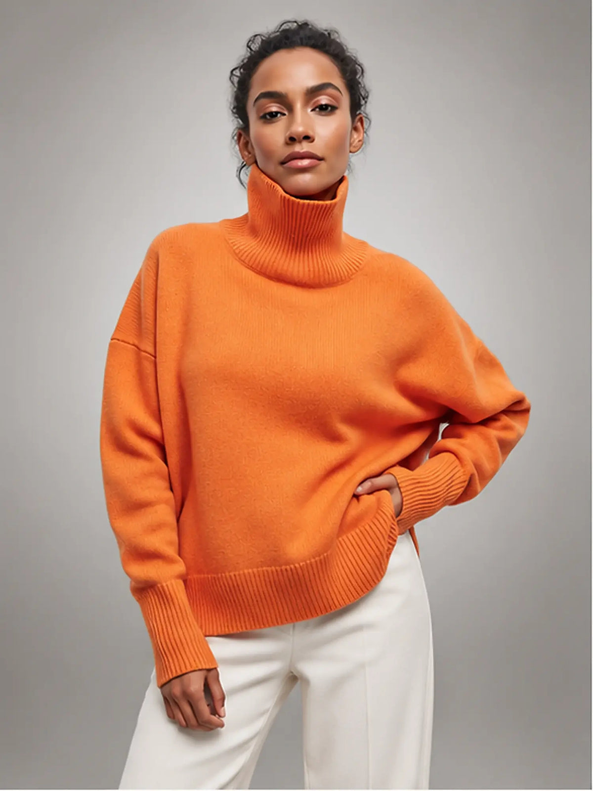 Women's Oversized Turtleneck Sweater – Relaxed Knit in Orange — front view