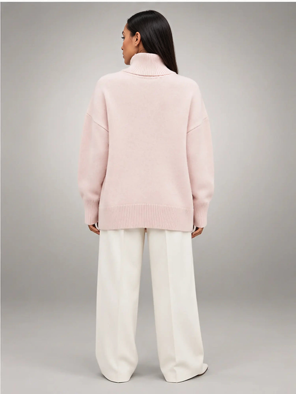 Women's Oversized Turtleneck Sweater – Relaxed Knit in Pink — back view