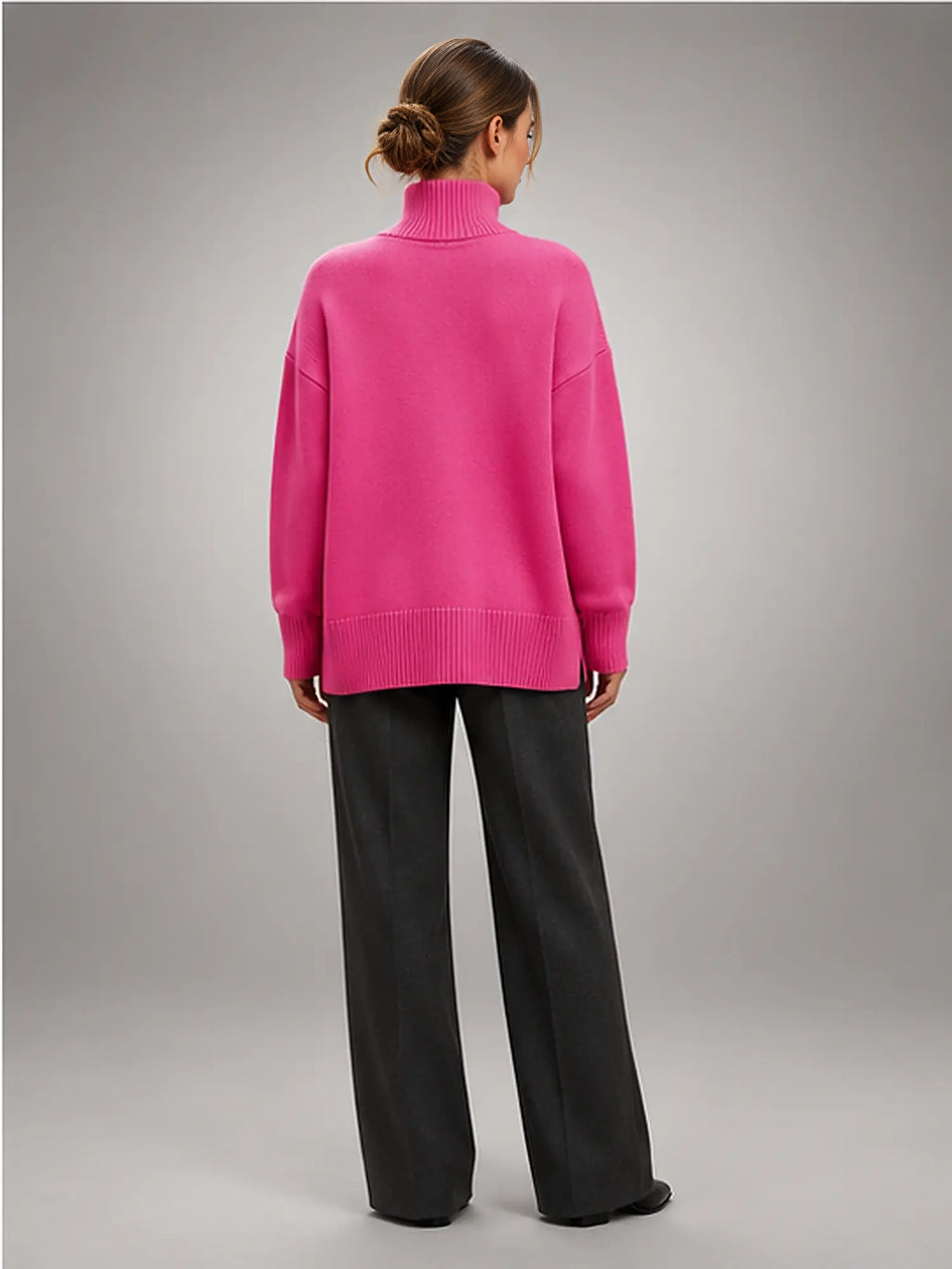 Women's Oversized Turtleneck Sweater – Relaxed Knit in Rose Red — back view
