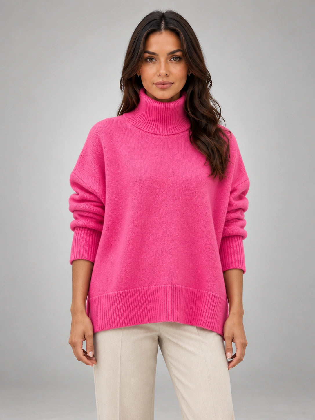 Women's Oversized Turtleneck Sweater – Relaxed Knit in Rose Red — front view