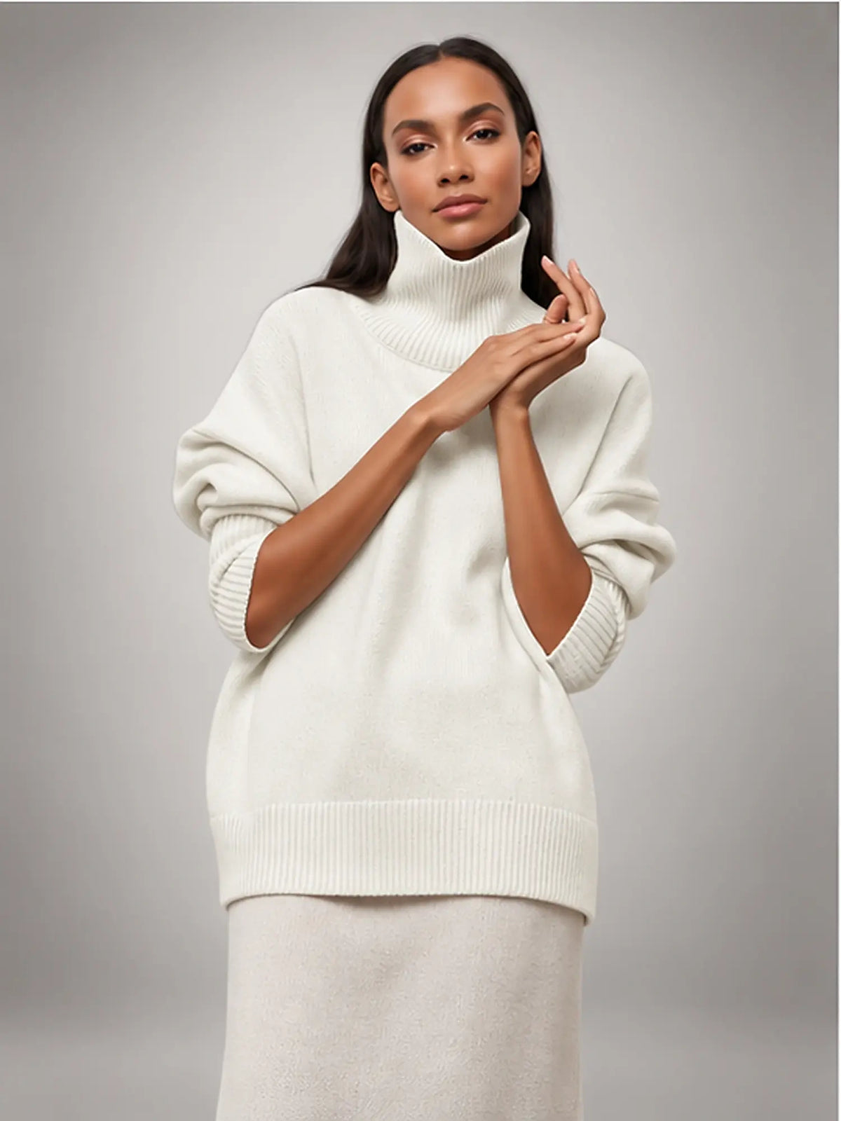 Women's Oversized Turtleneck Sweater – Relaxed Knit in White — front view