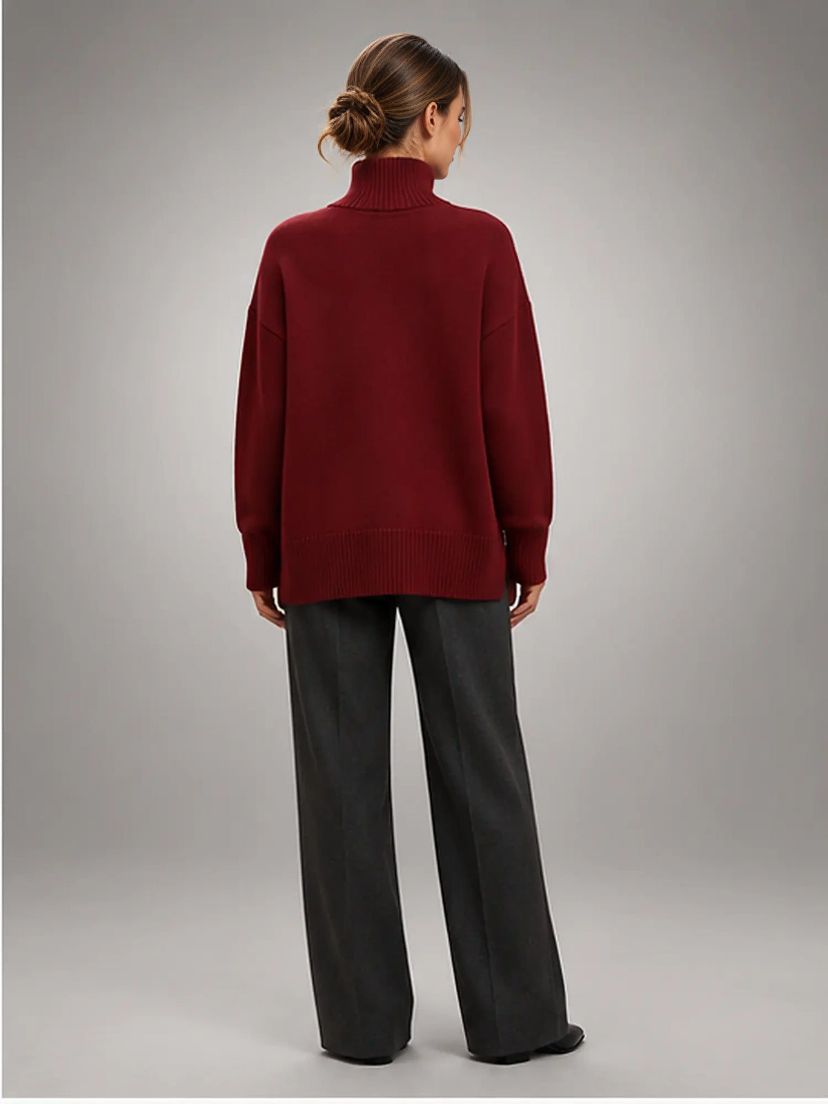 Women's Oversized Turtleneck Sweater – Relaxed Knit in Wine Red — back view
