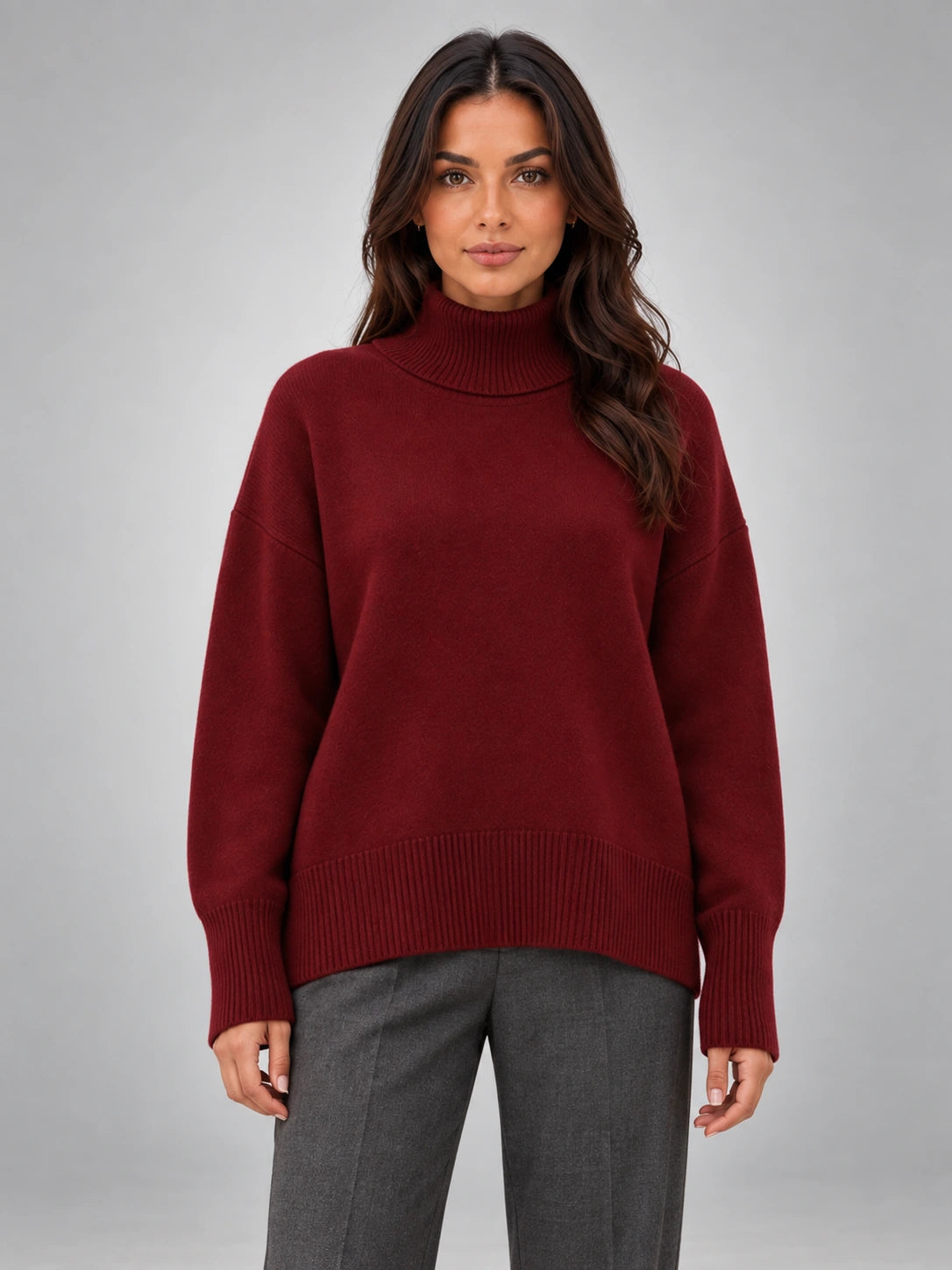 Women's Oversized Turtleneck Sweater – Relaxed Knit in Wine Red — front view