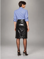 Women's Patent Faux Leather Skirt – Knee-Length Pencil Fit in Black — back view