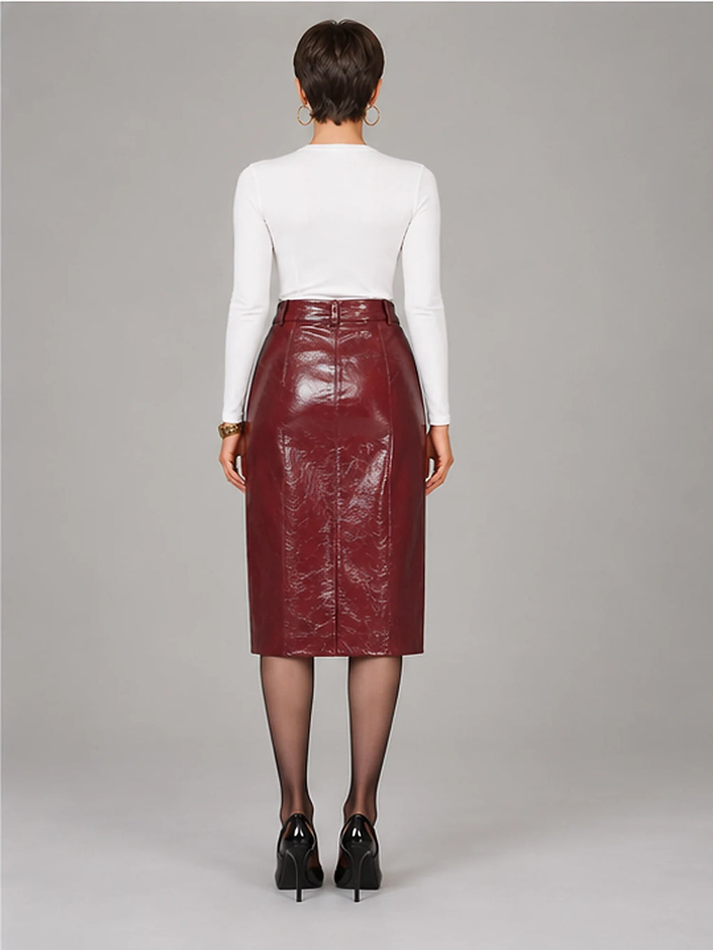 Women's Patent Faux Leather Skirt – Knee-Length Pencil Fit in Wine Red — back view