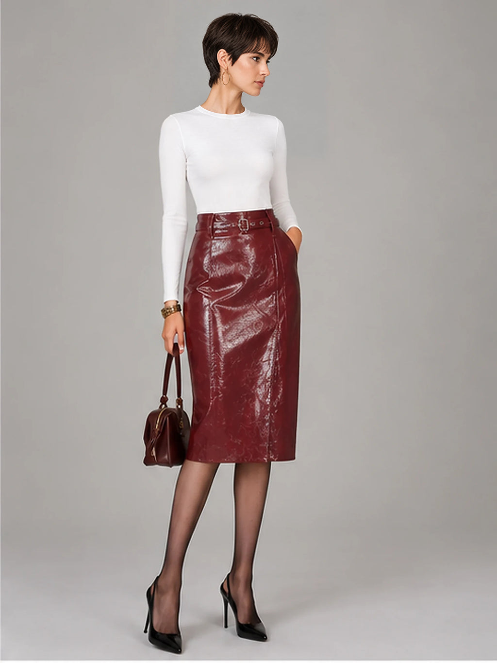 Women's Patent Faux Leather Skirt – Knee-Length Pencil Fit in Wine Red — alternate view