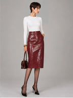 Women's Patent Faux Leather Skirt – Knee-Length Pencil Fit in Wine Red — alternate view