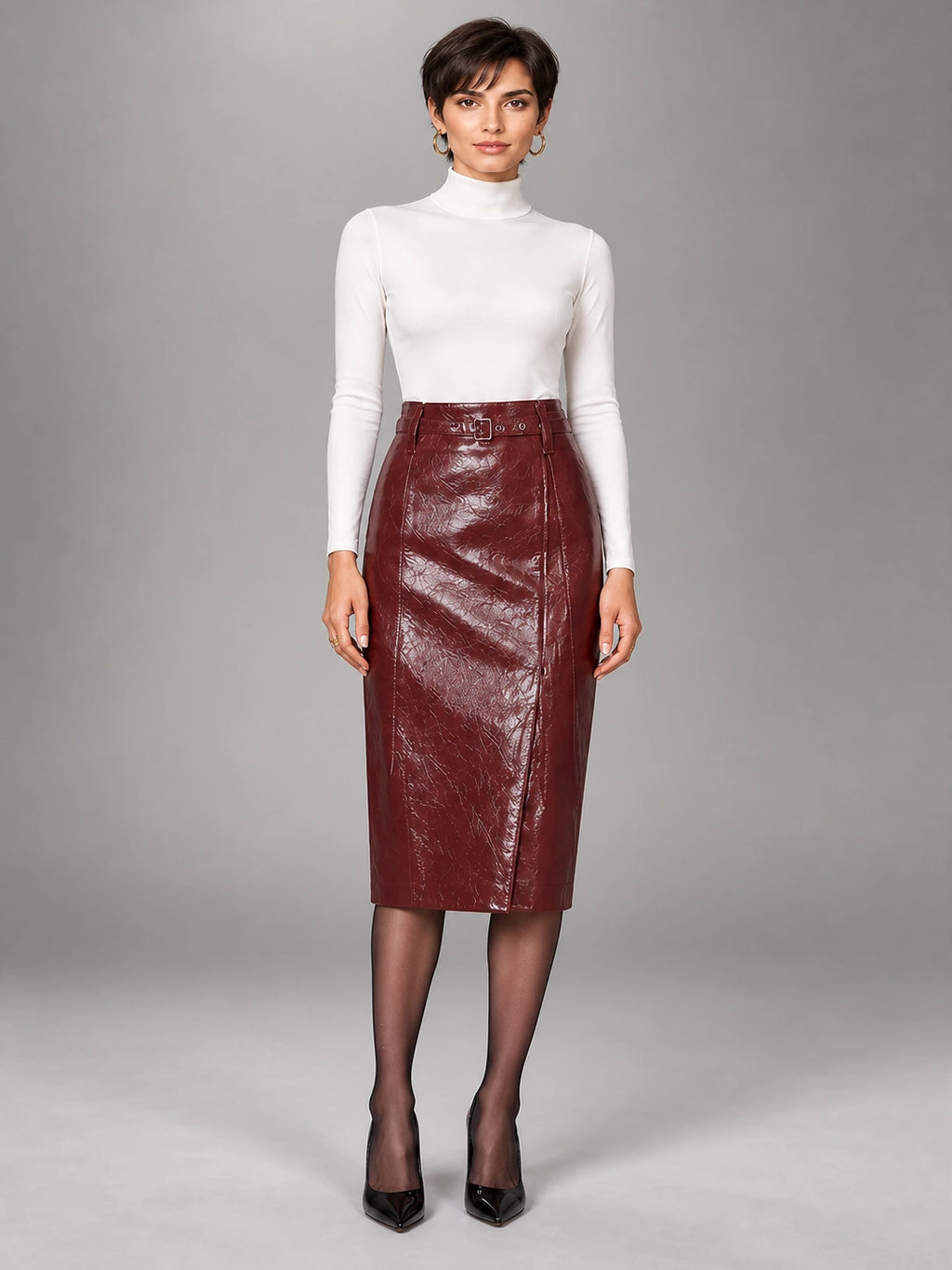 Women's Patent Faux Leather Skirt – Knee-Length Pencil Fit in Wine Red — front view