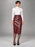 Women's Patent Faux Leather Skirt – Knee-Length Pencil Fit in Wine Red — front view