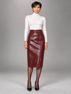 Women's Patent Faux Leather Skirt – Knee-Length Pencil Fit in Wine Red — front view