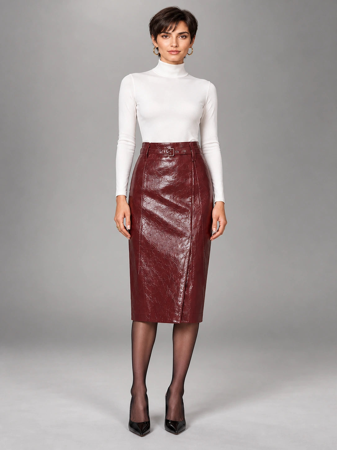 Women's Patent Faux Leather Skirt – Knee-Length Pencil Fit in Wine Red — front view