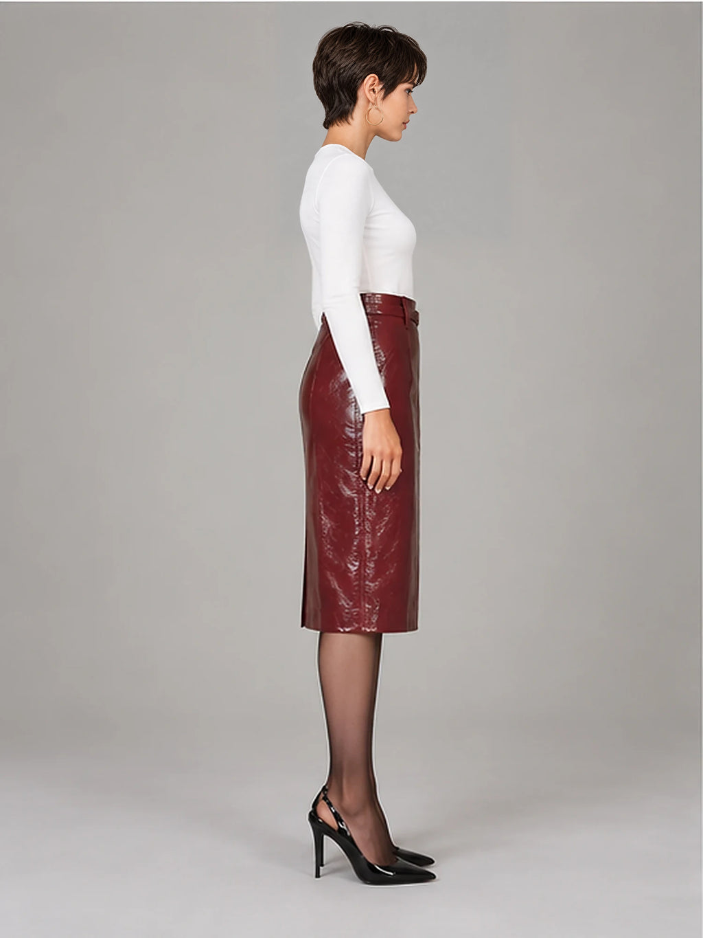 Women's Patent Faux Leather Skirt – Knee-Length Pencil Fit in Wine Red — side view