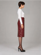 Women's Patent Faux Leather Skirt – Knee-Length Pencil Fit in Wine Red — side view