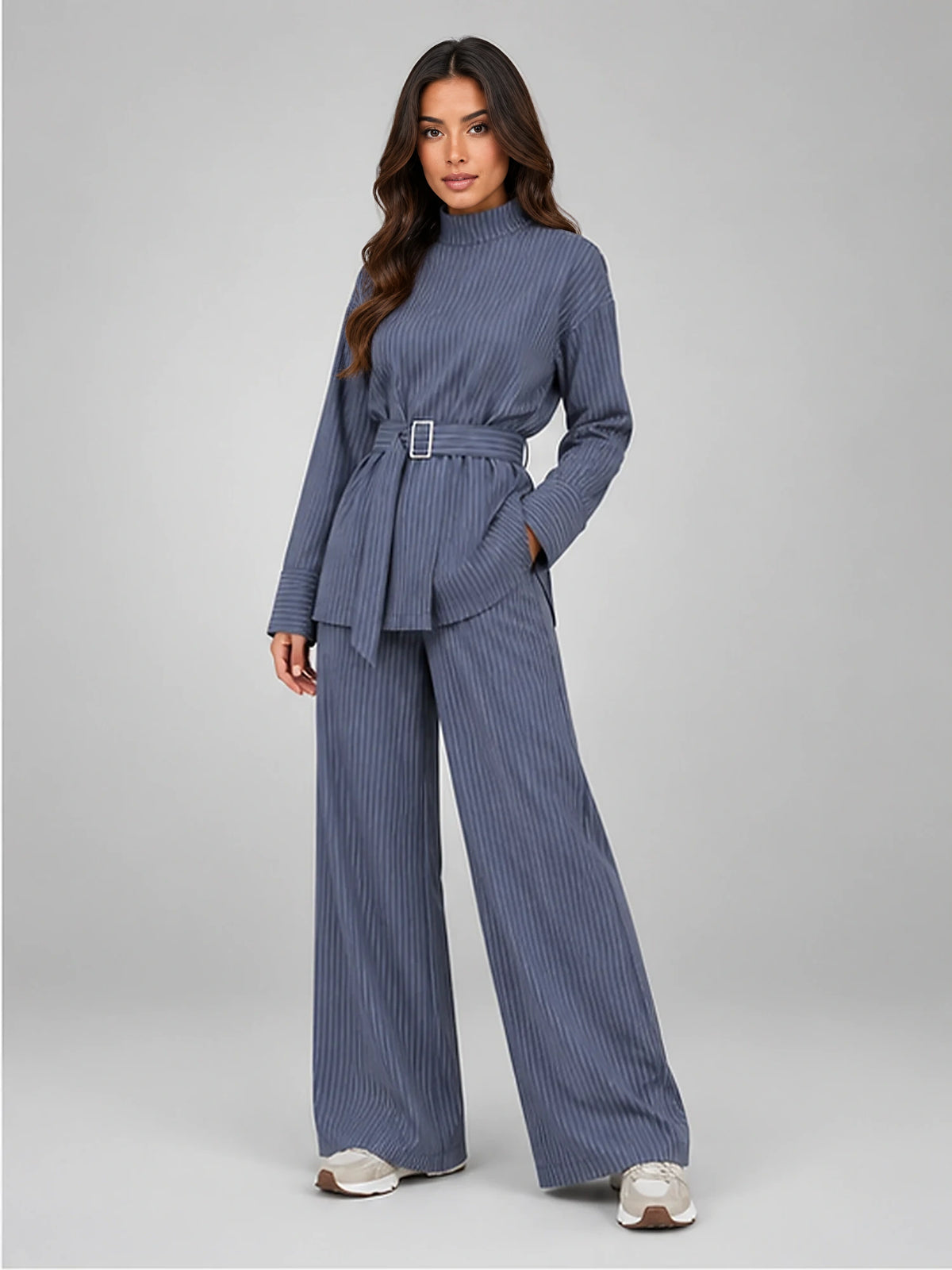 Women's Pinstripe Trouser Set – Belted Wide Leg in Slate Blue — alternate view
