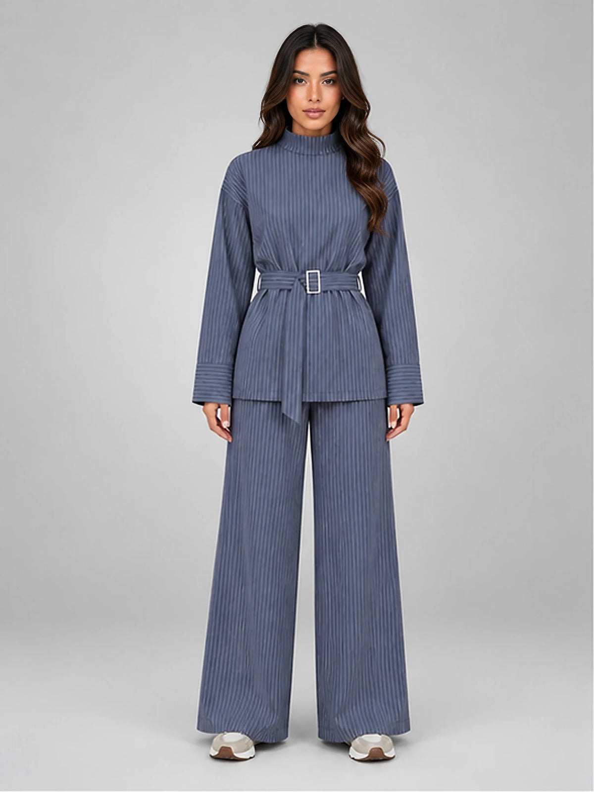 Women's Pinstripe Trouser Set – Belted Wide Leg in Slate Blue — front view