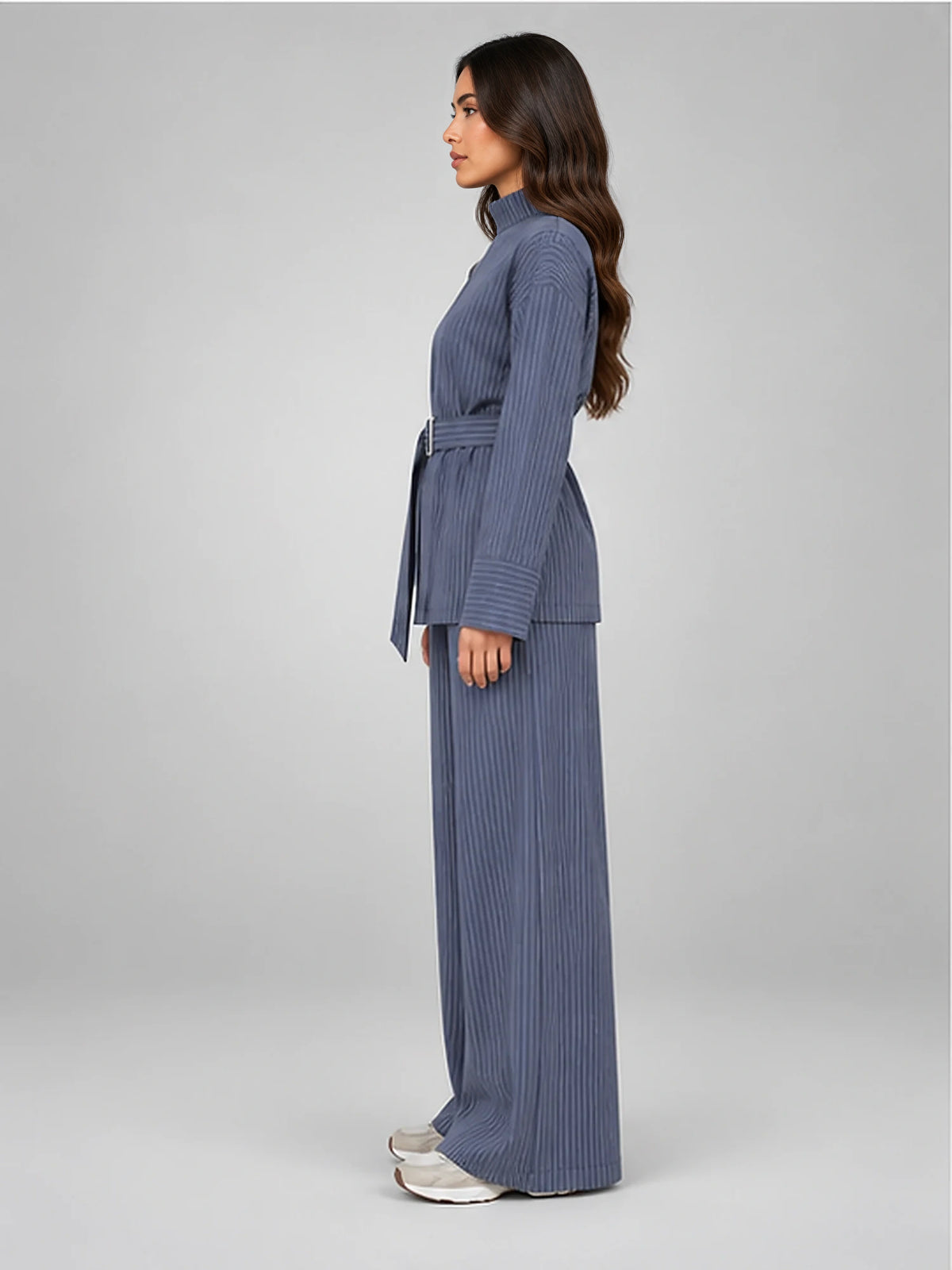 Women's Pinstripe Trouser Set – Belted Wide Leg in Slate Blue — side view
