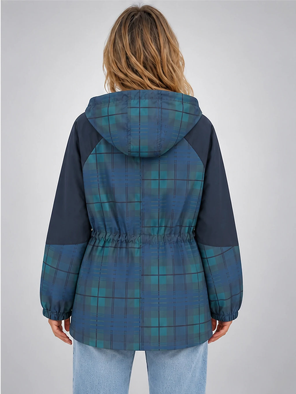 Women's Plaid Hooded Jacket – Drawstring Waist in Blue Plaid — back view