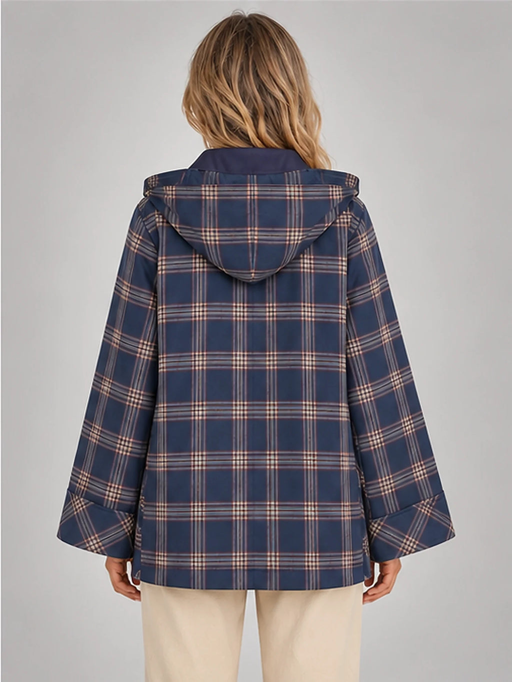 Women's Plaid Hooded Jacket – Oversized Swing Fit in Navy Plaid — back view